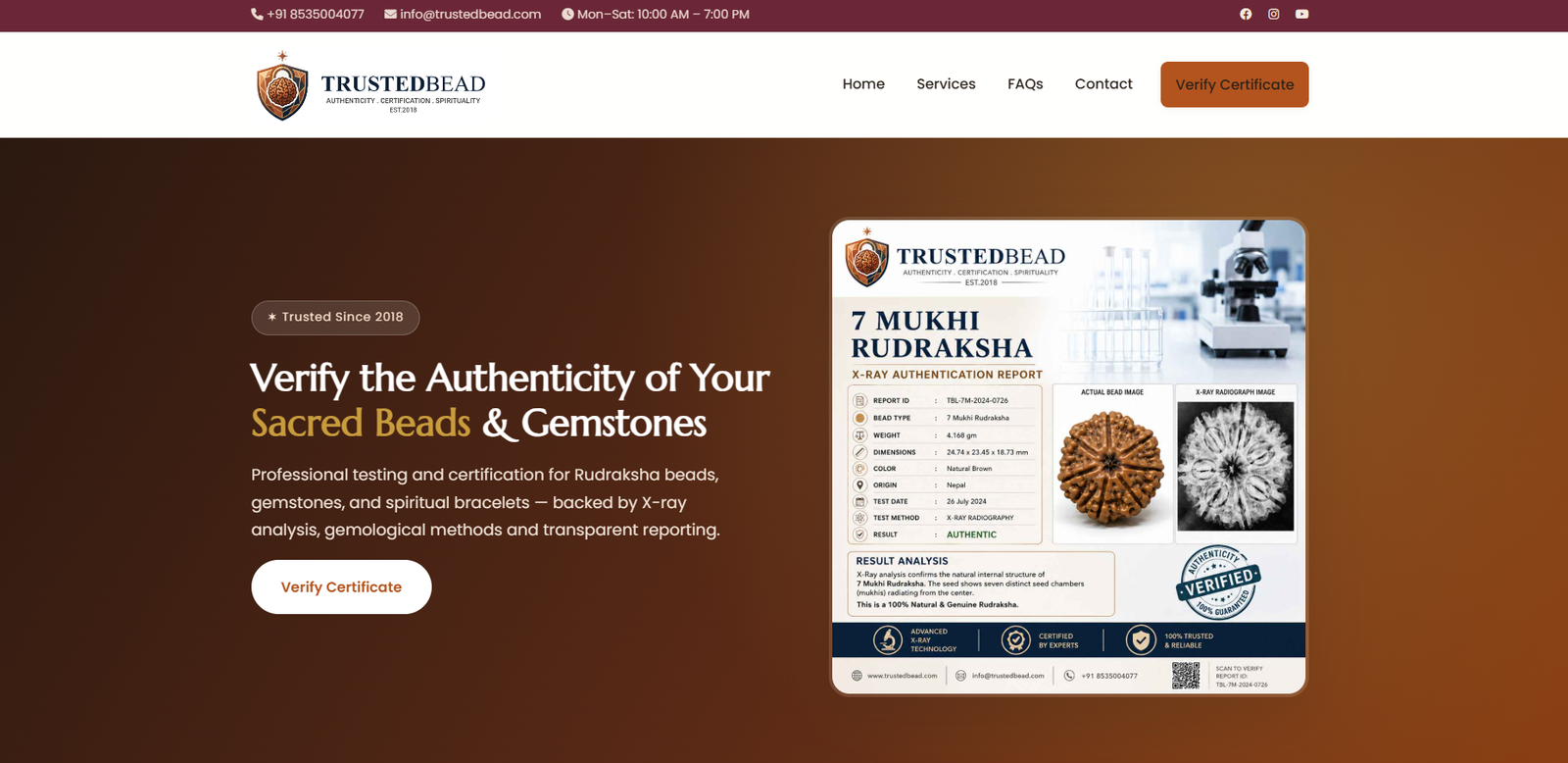 TrustedBead website design featuring its gemstone and bead authentication services